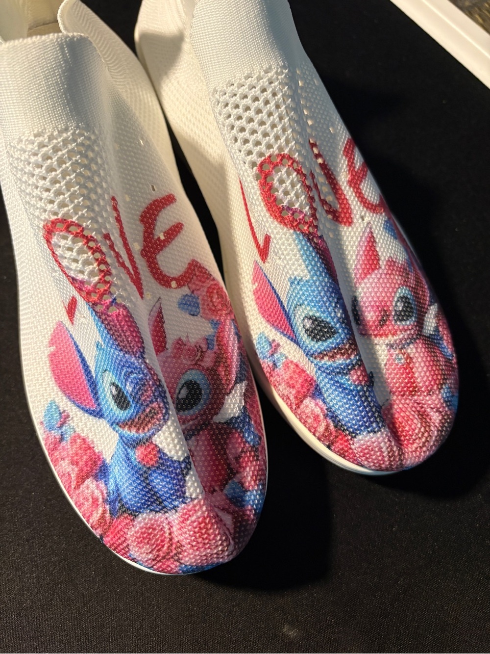 White Knit Slip-On Women’s Shoes with Pink & Blue Stitch Print - Picture 2 of 4